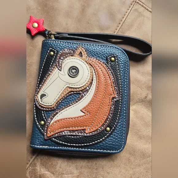 Blue and Brown Leather Wristlet with Horse Design - Picture 1 of 5
